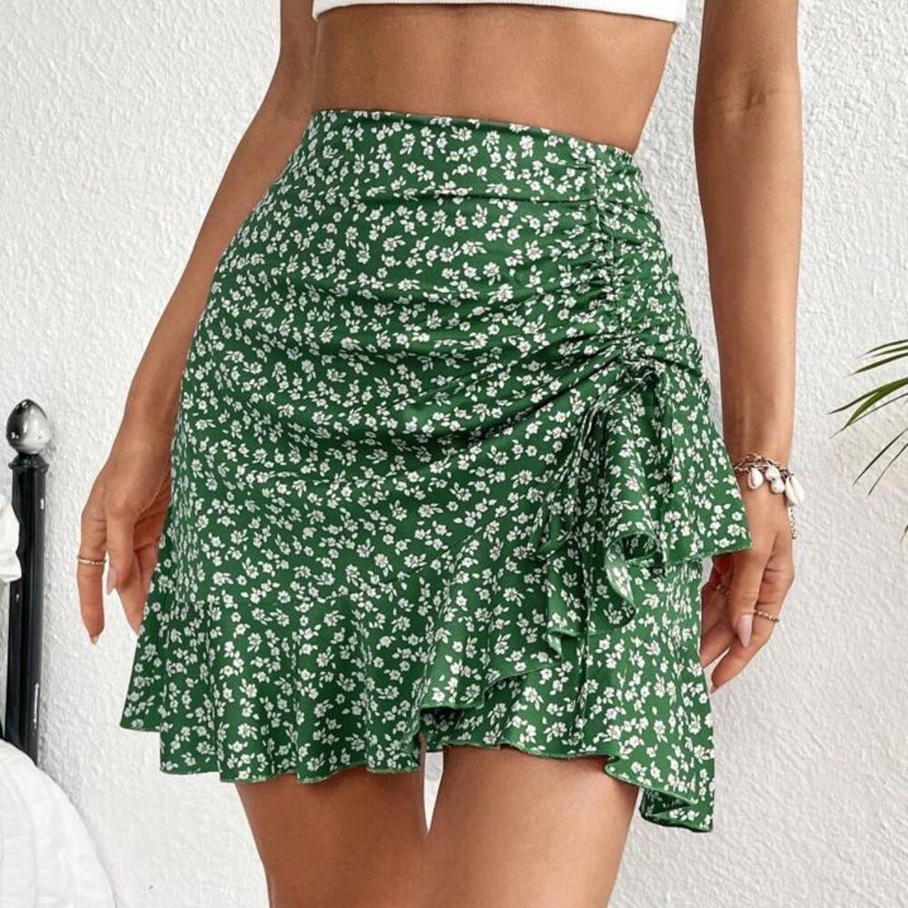 Shein Green Dreamara Ditsy Floral Print Drawstring Ruffle Hem Skirt Sz 4 NWT